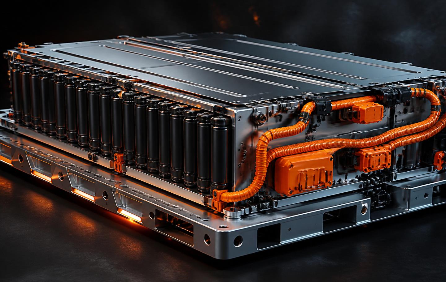 High-voltage battery pack for EVs and BESS with orange HV cabling